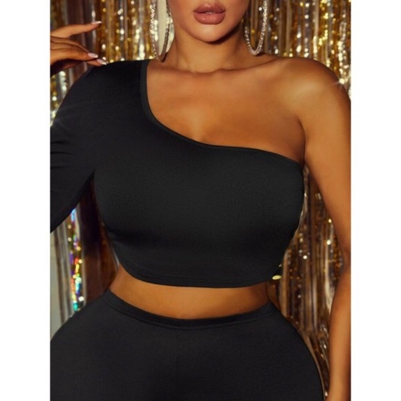 Black One Shoulder Skinny Leg 2 Piece Pant Set - Picture 4 of 8